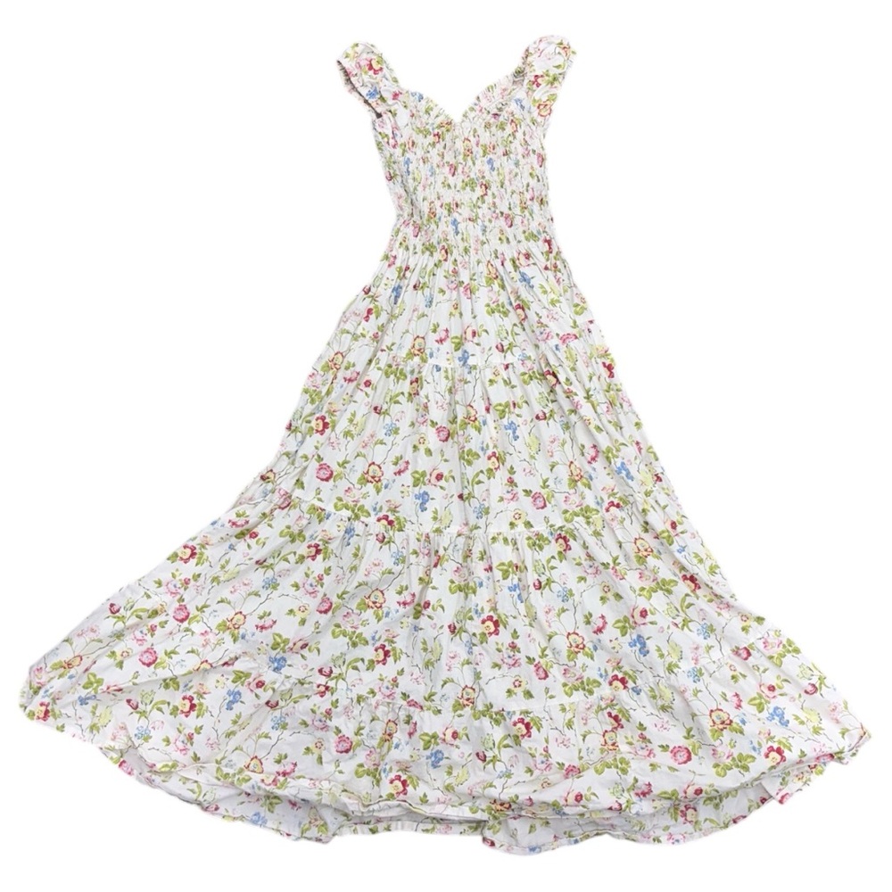 CB Positano Y2K White Pleated Floral Maxi Dress Sz XS